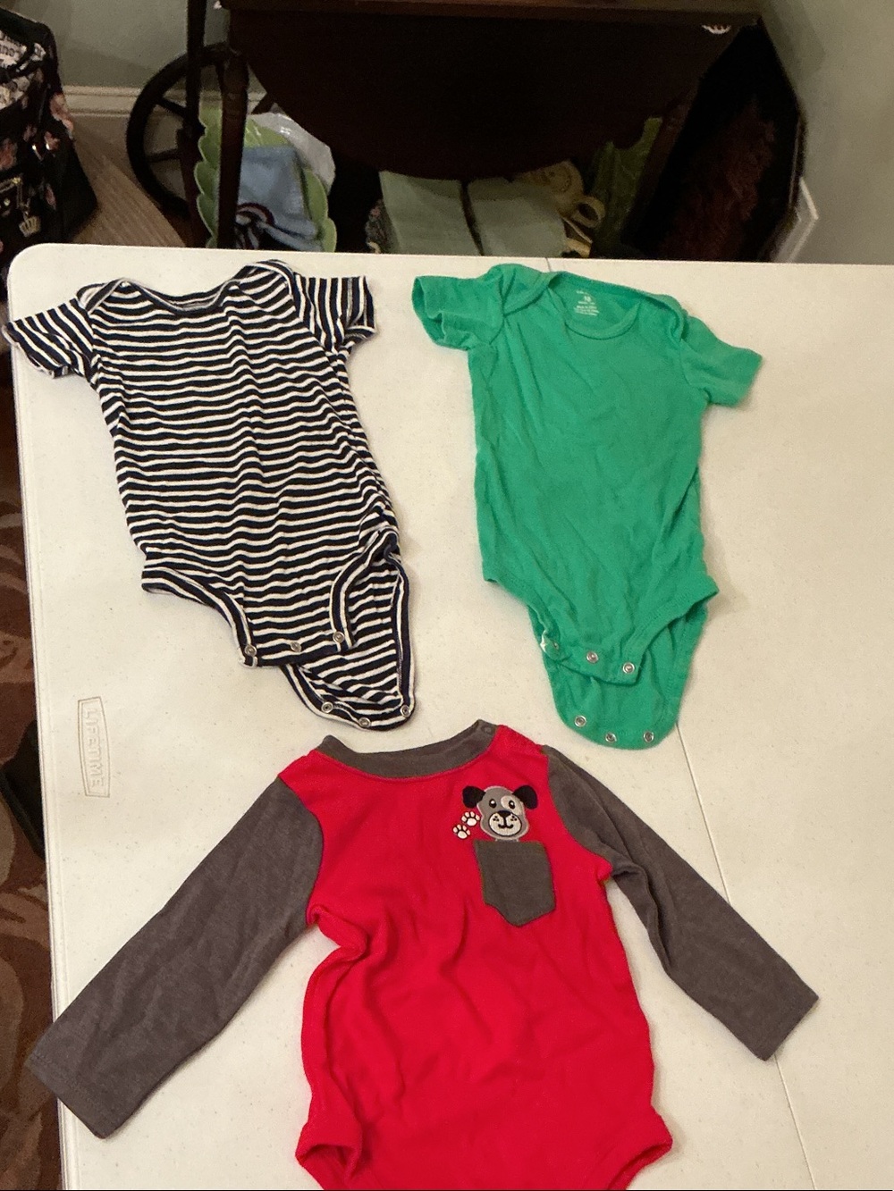 Kids One-Piece Bodysuit Trio - Green, Navy Stripe, Red & Gray